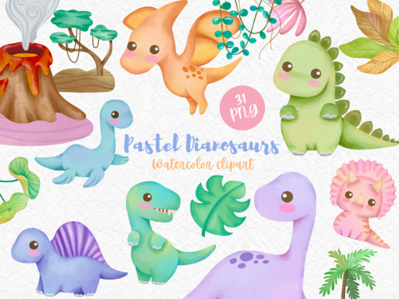 Graphics: Cute Watercolor Pastel Dinosaurs Illustrations